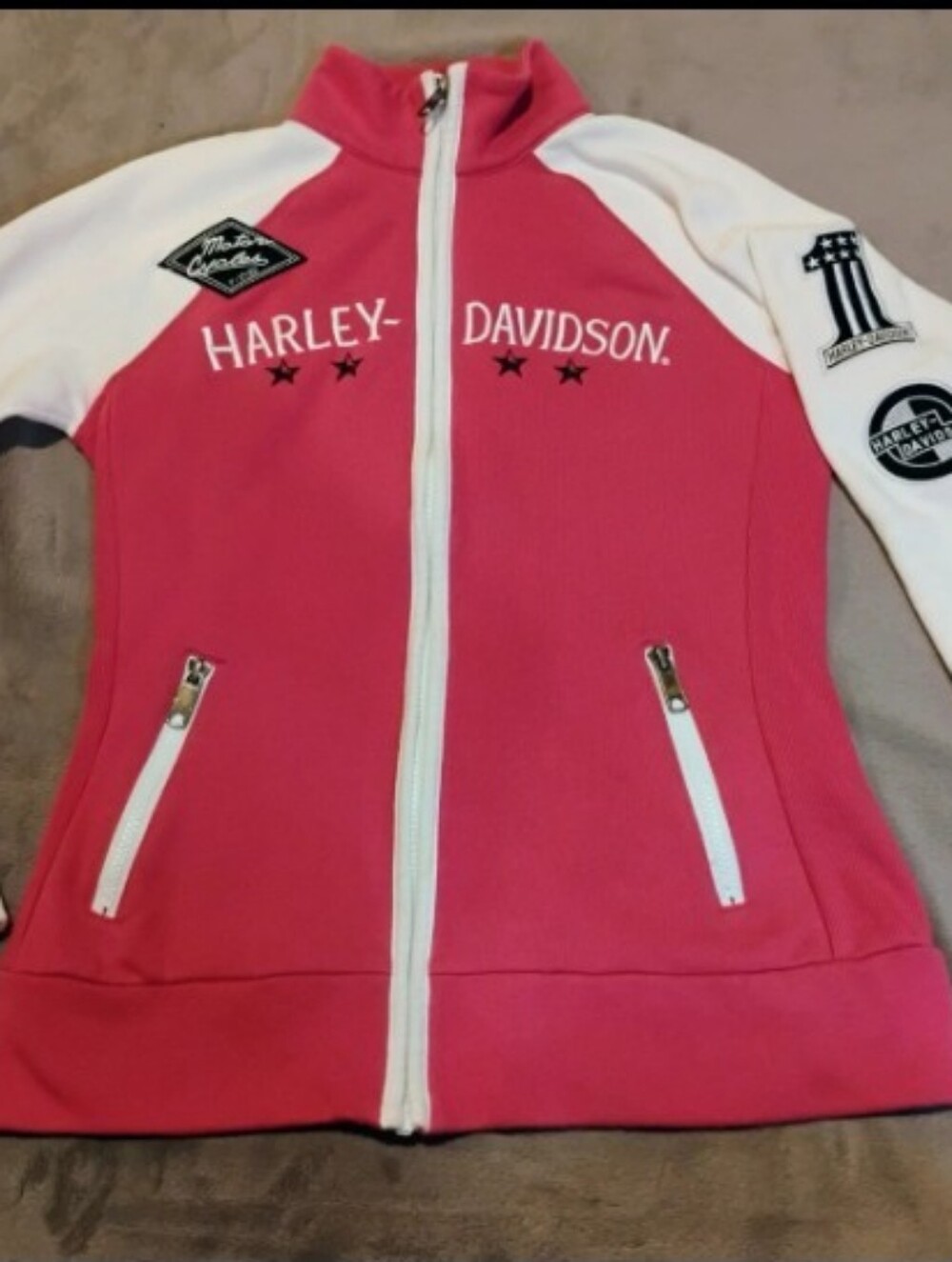 Harley-Davidson Pink White Colorblock Full Zip Track Jacket Patches - Size S